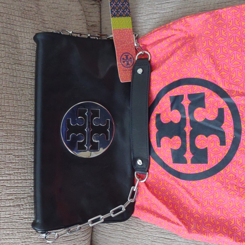 Tory Burch Reva Clutch Black with Silver hardware.